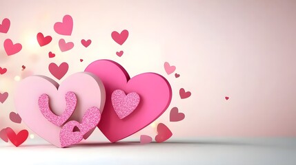 Poster - Romantic Valentine s Day greeting card design featuring two plush pink hearts resting on a table illuminated by warm twinkling bokeh lights and accented with shimmering glitter for a festive