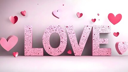 Poster - Romantic Valentine s Day concept featuring 3D pink LOVE letters with scattered heart shapes in a soft dreamy background with smooth lighting and a minimalist elegant look