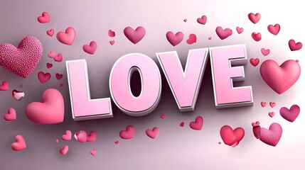 Poster - Glossy 3D LOVE letters in pastel pink surrounded by floating hearts glowing softly with a smooth pink gradient background and romantic lighting creating a beautiful affectionate and elegant design