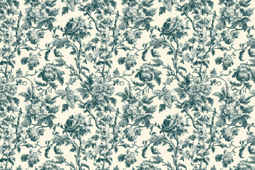 Poster - Floral Toile Tapestry Pattern. Vintage botanical wallpaper pattern. Background image. Created with Generative AI technology