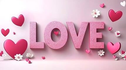 Poster - Vibrant 3D Love Text with Glowing Pink Heart Accents against a Softly Textured Romantic Pink Background  Cheerful and Celebratory Design for Valentine s Day Weddings or Other Love Themed Occasions