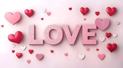 Poster - Shimmering Pink 3D  LOVE  Typography with Glowing Heart Accents Decorating a Soft Textured Romantic Background  Cheerful and Elegant Graphic Design for Valentine s Day Anniversary or Romance Concept