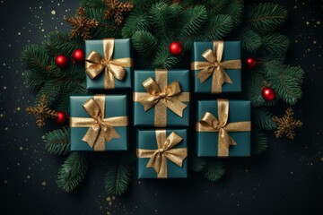 Poster - Elegant christmas gifts with golden bows and fir branches on dark background creating a festive atmosphere