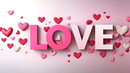 Poster - Stylish 3D Love Letters in Glossy Pink Surrounded by Romantic Heart Shapes on a Softly Blurred Pink Gradient Background with Warm Lighting