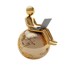 Poster - A gold figurine sits on a gold globe using a laptop computer symbolizing global connectivity.