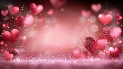 Poster - Dreamy Valentine s Day Background with Arranged Shiny Red and Pink Hearts on Soft Silky Surface  Romantic Elegant and Magical Atmosphere Perfect for Cards Invitations and Gifts