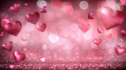 Poster - Dreamy and Romantic Pink and Red Heart Shaped Valentine s Day Background with Shiny Glittering and Arranged Decorative Elements