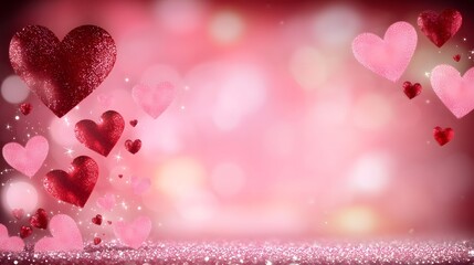 Poster - Vibrant and joyful Valentine s Day background showcasing an eye catching arrangement of bold red and hot pink hearts set against a radiant gradient of pink and yellow hues