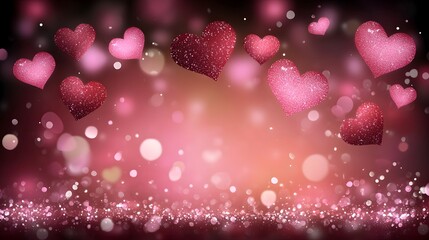 Aufkleber - Bright and joyful Valentine s Day background with bold red and hot pink hearts arranged on a radiant gradient of pink and yellow  The image features glitter and sparkle textures for a festive