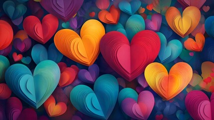 Poster - Vibrant and colorful paper heart crafts with intricate floral patterns and delicate textures perfect for Valentine s Day art greeting cards or romantic holiday decor