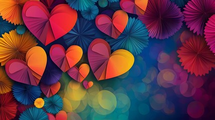 Poster - Beautifully crafted vibrant floral hearts made of delicate paper with intricate patterns and textures against a colorful and captivating background perfect for Valentine s Day anniversary