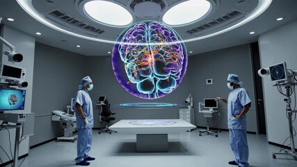 Poster - Medical professionals analyze a holographic brain model in a modern surgical room