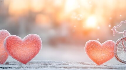 Aufkleber - Enchanting Frozen Hearts Floating Above Snowy Winter Landscape with Bicycle   Romantic Valentine s Day Holiday Banner or Background with Cozy Peaceful Vibes