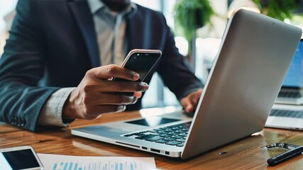Aufkleber - Modern Businessman at Desk Enhancing Productivity with Smartphone and Laptop in Professional Office Environment Showcasing Technology and Multitasking Skills.