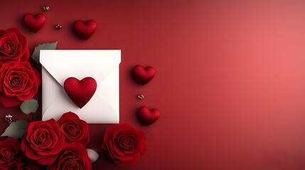 Poster - Romantic and Intimate Valentine s Day or Anniversary Scene with a Love Letter Envelope a Lush Red Rose and a Glowing Heart Accentuated by a Soft Blurred Background Perfect for Greeting Cards