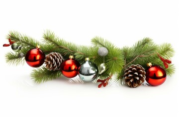 Poster - Festive christmas garland with colorful ornaments and pine cones decorating evergreen branches on white background