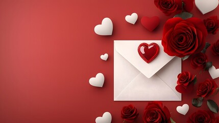 Poster - Elegant Valentine s Day love letter envelope with a luxurious red rose and a heart shaped wax seal placed on a soft romantic velvet background perfect for anniversary or other romantic occasions