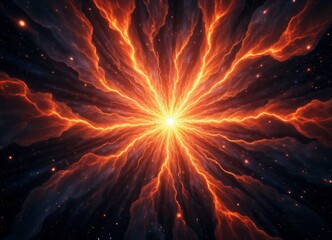 Wall Mural - Abstract fiery orange energy bursts against dark cosmic background