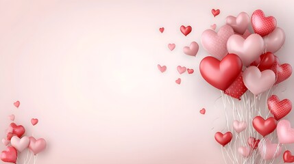 Poster - Romantic Valentine s Day Hearts Balloons Background with Pink and Red Floating Decorative Shapes and Blank Space for Personalized Love Filled Greeting or Advertisement