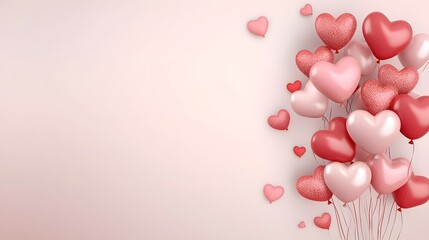Aufkleber - Romantic heart shaped balloons in shades of red and pink floating gracefully on a soft pastel colored background with ample copyspace for love messages Valentine s Day designs