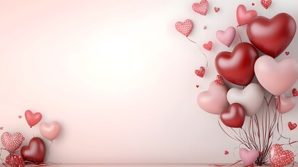 Poster - Romantic love and Valentine s Day concept with a composition of heart shaped balloons in various shades of red and pink floating against a clean