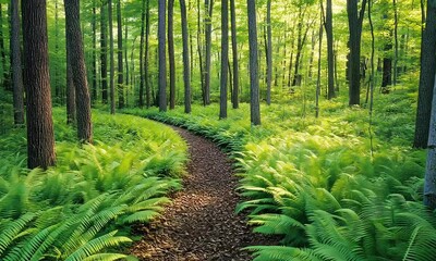 Wall Mural - Peaceful winding pathway through lush ferns and towering trees in a vibrant green forest illuminated by warm sunlight