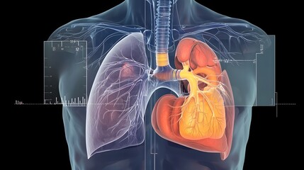 Poster - Clear and precise 3D visual representation of the human heart and lung anatomy highlighting the key structures and systems in an informative and educational style ideal for presentations