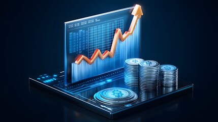 Aufkleber - Futuristic 3D finance growth chart with upward arrows and digital display representing investment money profit and business success designed for financial analysis or presentations
