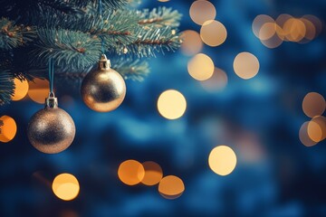 Poster - Golden christmas balls hanging on christmas tree branch with beautiful bokeh lights in background, creating magical christmas atmosphere