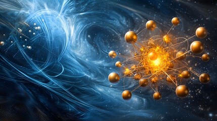 Poster - Quantum Model of Electromagnetic Induction Depicting Magnetic Flux Changes and Electric Current with Copy Space on the Right Side