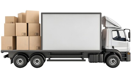 Poster - 3D image of a delivery truck carrying multiple cardboard boxes against a clean white background ideal for logistics shipping and delivery service presentations and marketing materials