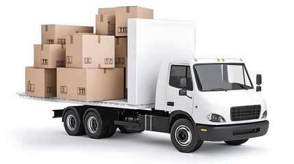 Poster - 3D of a delivery cargo truck loaded with stacks of cardboard boxes against a clean white background ideal for logistics shipping and delivery service presentations and marketing materials