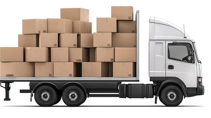 Poster - 3D rendering of a delivery truck carrying a load of stacked cardboard boxes set against a clean white background  This image is ideal for presentations websites
