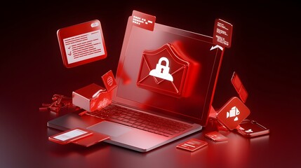 Aufkleber - Detailed 3D visualization depicting various internet threats such as hacking phishing and fraud along with security warning symbols danger messages and digital protection alerts
