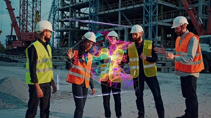 Poster - Workers collaborate on construction site using innovative technology for project planning and development