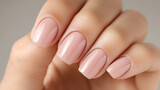 Close-up of a woman's hand showcasing nude manicure nails against a neutral background.  Perfect for beauty, fashion, and nail salon marketing