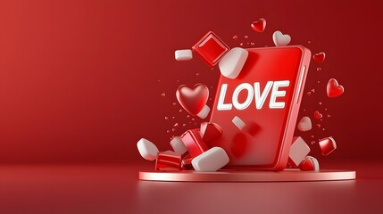 Poster - Vibrant 3D  LOVE  letters in pastel pink highlighted by glowing hearts on a smooth romantic gradient pink background