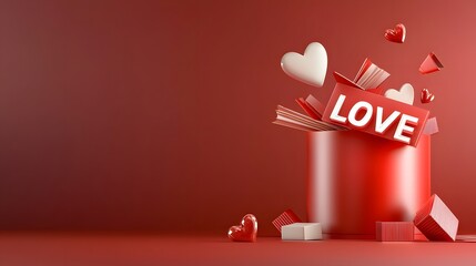Poster - Bold 3D  LOVE  letters in pastel pink highlighted by glowing hearts on a smooth romantic gradient pink background perfect for Valentine s Day romantic cards and various holiday designs