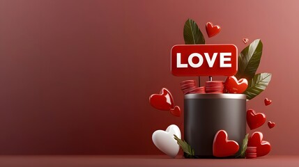 Poster - Striking 3D typography design of the word LOVE in bold red letters against a smooth romantic pink gradient background highlighted by glowing red hearts  This image is perfect for Valentine s Day