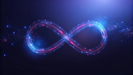 Poster - A graphic of an infinite symbol made from glowing data points and lines, representing the endless flow of information in artificial intelligence, on a dark blue background, symbolizing digital