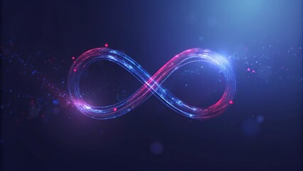 Poster - A graphic of an infinite symbol made from glowing data points and lines, representing the endless flow of information in artificial intelligence, on a dark blue background, symbolizing digital