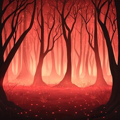 Poster - A captivating forest scene illuminated by glowing red lights, creating a mystical atmosphere. Perfect for themes of nature, fantasy, and tranquility.