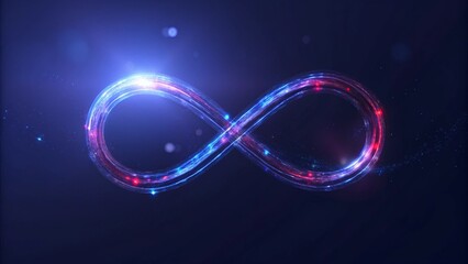 Poster - A graphic of an infinite symbol made from glowing data points and lines, representing the endless flow of information in artificial intelligence, on a dark blue background, symbolizing digital