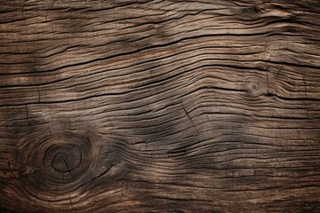 Poster - Close up view of a dark brown weathered wood plank, showcasing intricate grain patterns, knots, and growth rings