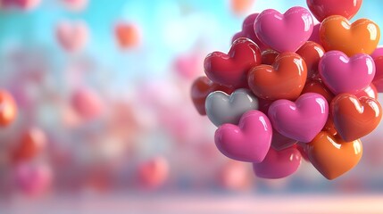 Aufkleber - Vibrant and joyful Valentine s Day background with glossy red pink and orange hearts gracefully floating on a bright and colorful gradient creating a romantic and festive atmosphere