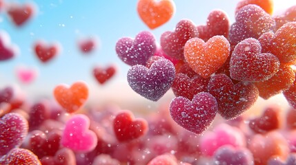 Poster - Lively and joyful background featuring glossy red pink and orange heart shaped candies or confections floating on a bright vibrant gradient