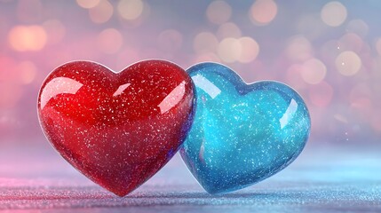Poster - Sparkling red pink and blue hearts floating against a dazzling golden light effect background creating a playful and romantic Valentine s Day scene