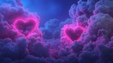 Poster - Mesmerizing and eye catching Valentine s Day background featuring neon style glowing hearts in shades of pink red and purple set against a rich vibrant gradient sky backdrop with ethereal