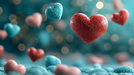 Poster - Enchanting background of playful floating hearts in shades of red pink and blue with a dazzling golden glow and shimmering bokeh lighting effect creating a dreamy