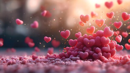Poster - Bright and Colorful 3D Hearts Bursting in an Explosion of Warm Tones of Red Pink and Gold on a Radiant Glowing Light Background for a Cheerful Valentine s Day or Romantic